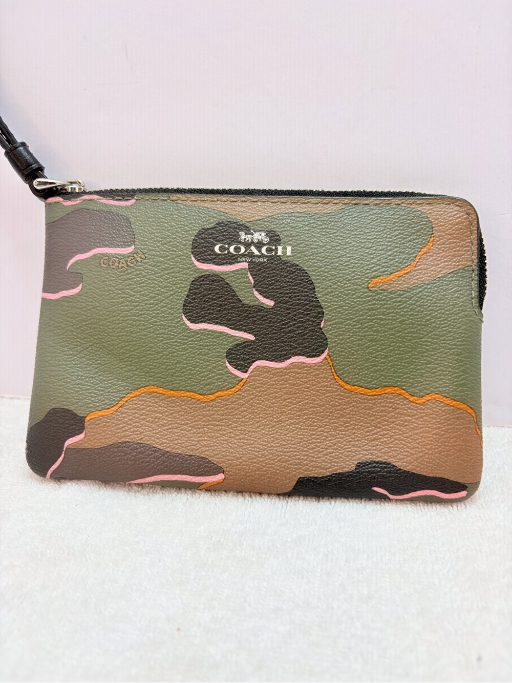 COACH Camouflage Leather Wristlet in Green, Brown & Pink Accent